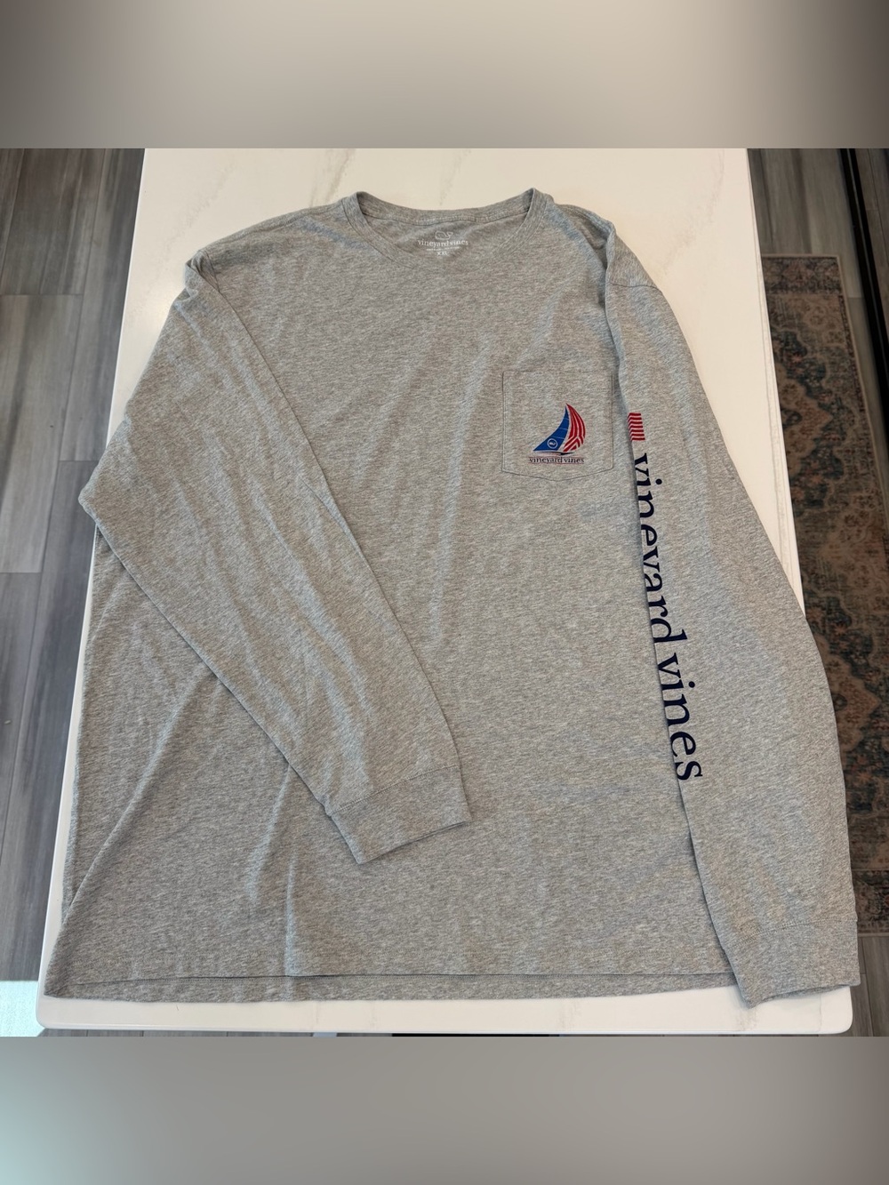 Vineyard Vines Gray Long-Sleeve Pocket Tee with Red & Blue Sail Logo